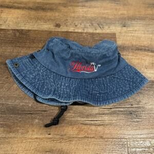 Vintage Florida Kitsch Denim Bucket Hat Blue Palm Tree Embroidery Chambray 90s
